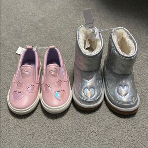Old Navy Pink Heart toddler girls Sneakers (7) and silver boots (6)